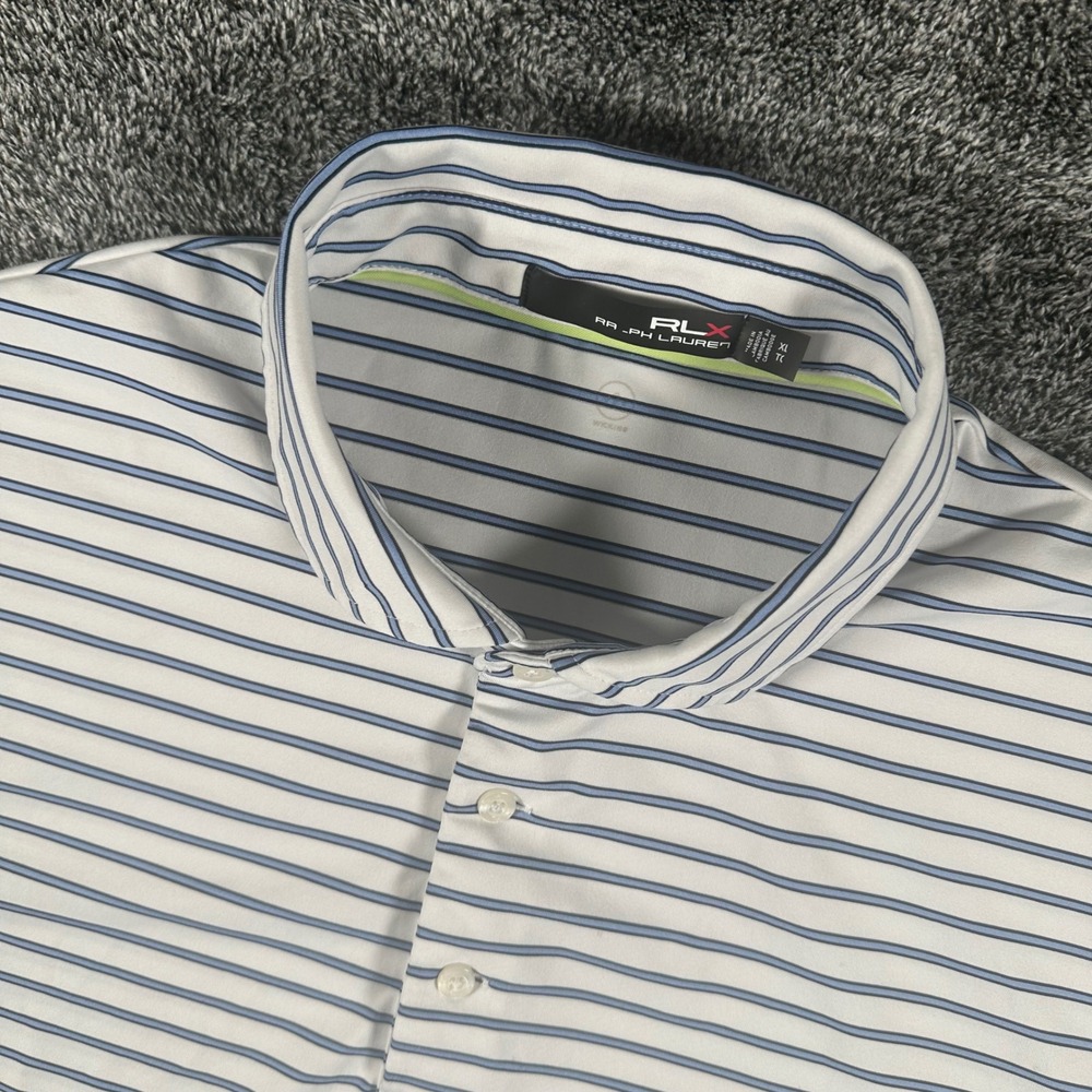 RLX Ralph Lauren Polo Shirt Mens XL Blue White Striped Performance Golf Wicking